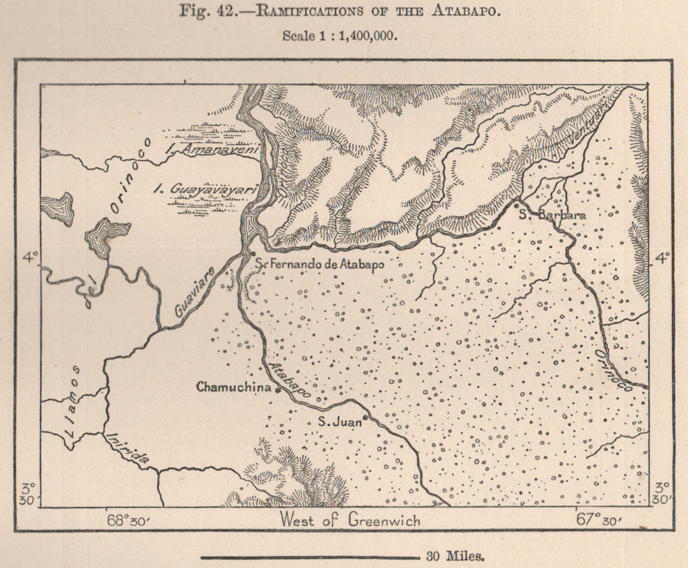 Ramifications of the Atabapo. Venezuela 1885 old antique map plan chart